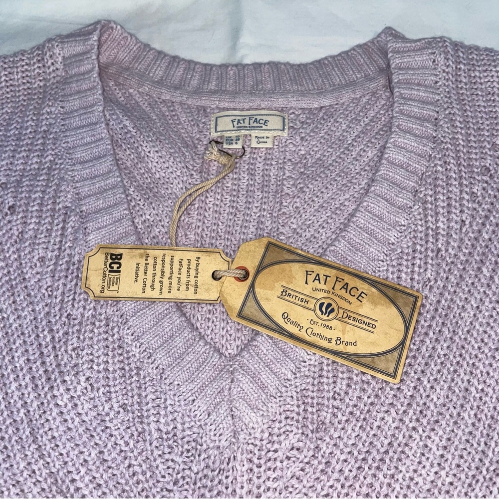 Fat Face Light Purple V-Neck Tunic Sweater - Kayleigh Women’s Small 100% Cotton